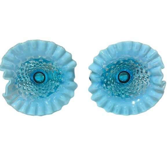 Fenton Vintage Set of 2 Opalescent Blue Glass Cornucopia Candle Holders or Vase - Picture 3 of 9